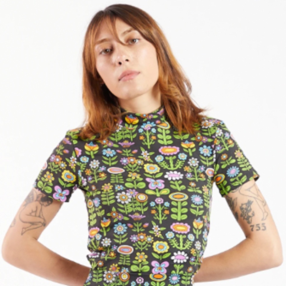 Nooworks Large Mock Neck Top in Meadow Print EUC